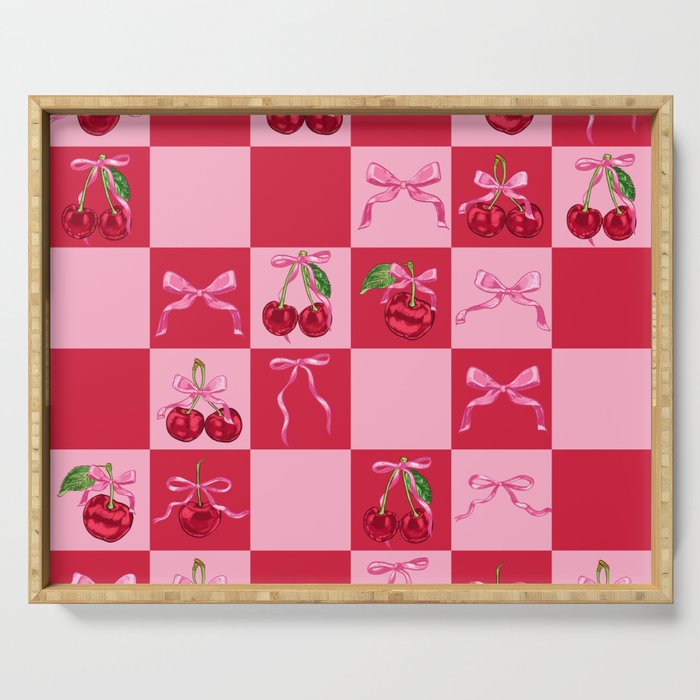 Scarlet Cherries and Bows Checker Serving Tray Gallery Image 1