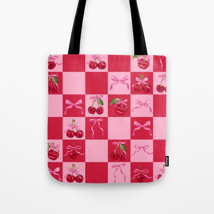 Scarlet Cherries and Bows Checker Tote Bag