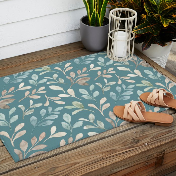 Leafy Teal Floral Outdoor Rug Gallery Image 2