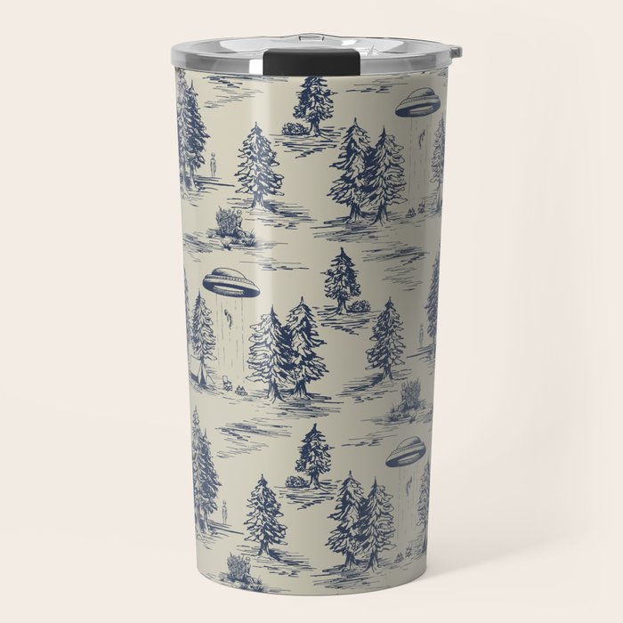 Alien Abduction Toile De Jouy Pattern in Blue Travel Mug Gallery Image 1