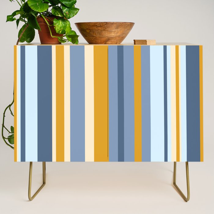 Vertical Stripes Variable Contemporary Retro Modern Pattern in Blue and Honey Mustard Credenza Gallery Image 1