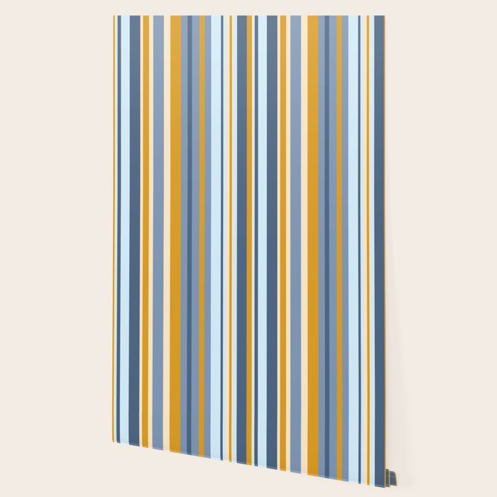Vertical Stripes Variable Contemporary Retro Modern Pattern in Blue and Honey Mustard Wallpaper Gallery Image 2