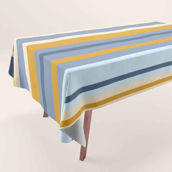 Vertical Stripes Variable Contemporary Retro Modern Pattern in Blue and Honey Mustard Tablecloth Gallery Image 1