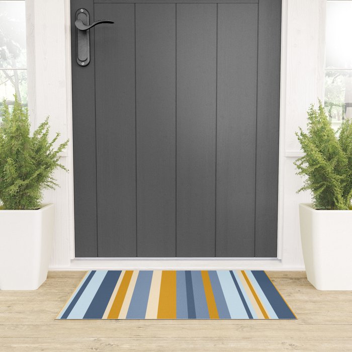 Vertical Stripes Variable Contemporary Retro Modern Pattern in Blue and Honey Mustard Welcome Mat Gallery Image 3