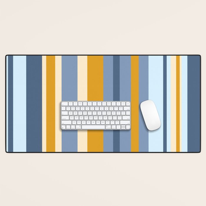Vertical Stripes Variable Contemporary Retro Modern Pattern in Blue and Honey Mustard Desk Mat Gallery Image 1