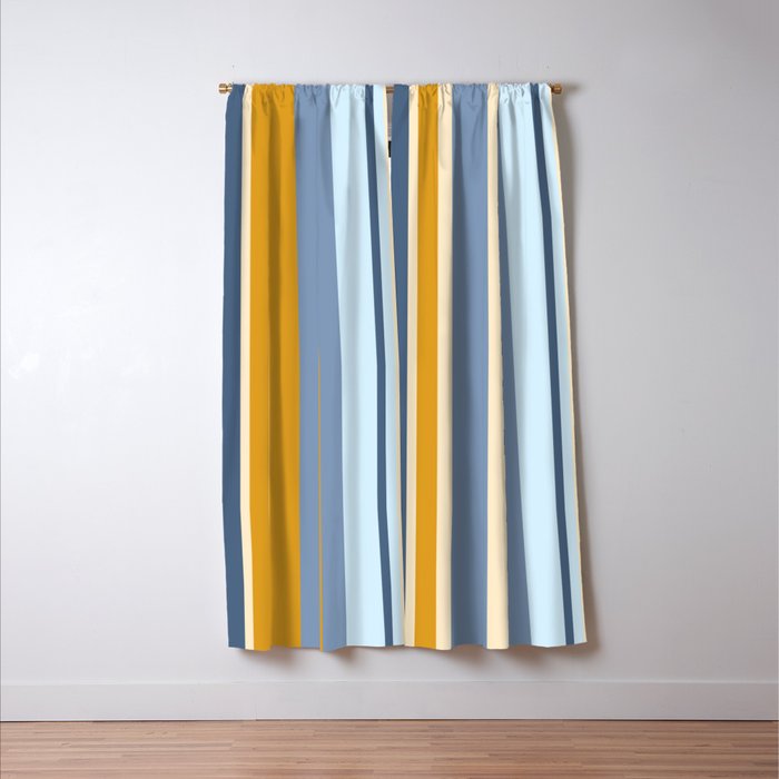 Vertical Stripes Variable Contemporary Retro Modern Pattern in Blue and Honey Mustard Window Curtain Gallery Image 3