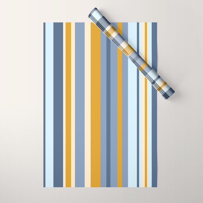 Vertical Stripes Variable Contemporary Retro Modern Pattern in Blue and Honey Mustard Wrapping Paper Gallery Image 1