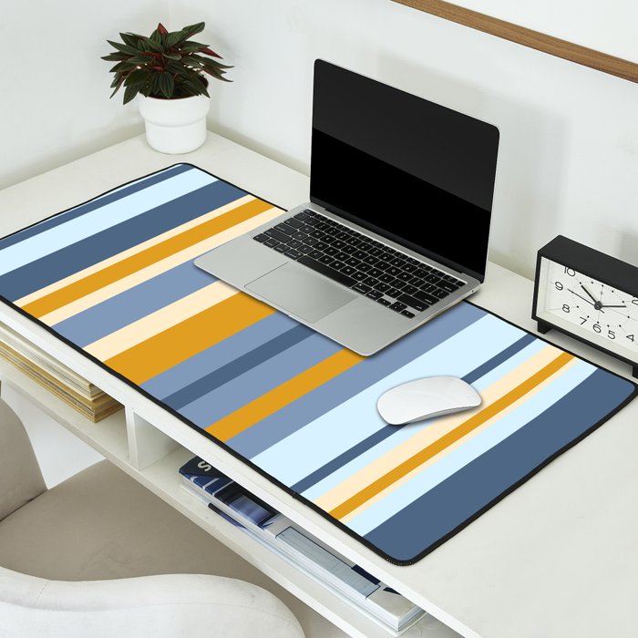 Vertical Stripes Variable Contemporary Retro Modern Pattern in Blue and Honey Mustard Desk Mat Gallery Image 2