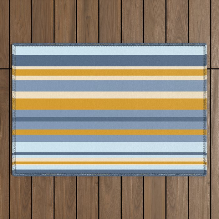 Vertical Stripes Variable Contemporary Retro Modern Pattern in Blue and Honey Mustard Outdoor Rug Gallery Image 1