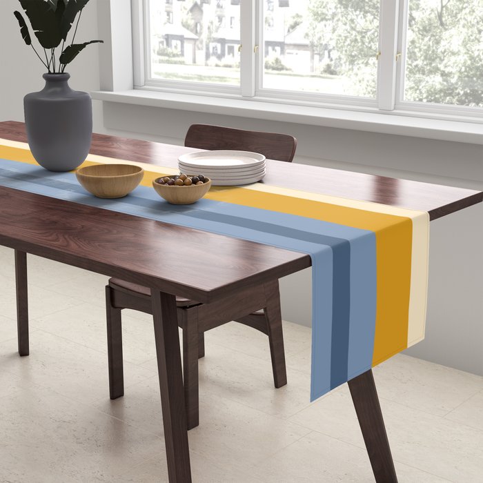Vertical Stripes Variable Contemporary Retro Modern Pattern in Blue and Honey Mustard Table Runner Gallery Image 2