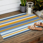 Vertical Stripes Variable Contemporary Retro Modern Pattern in Blue and Honey Mustard Outdoor Rug Gallery Image 2