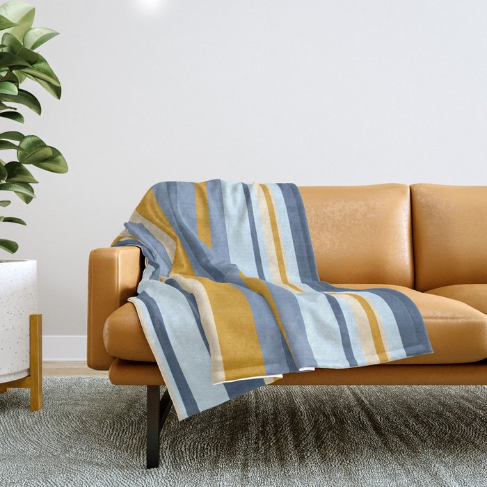 Vertical Stripes Variable Contemporary Retro Modern Pattern in Blue and Honey Mustard Throw Blanket Gallery Image 1