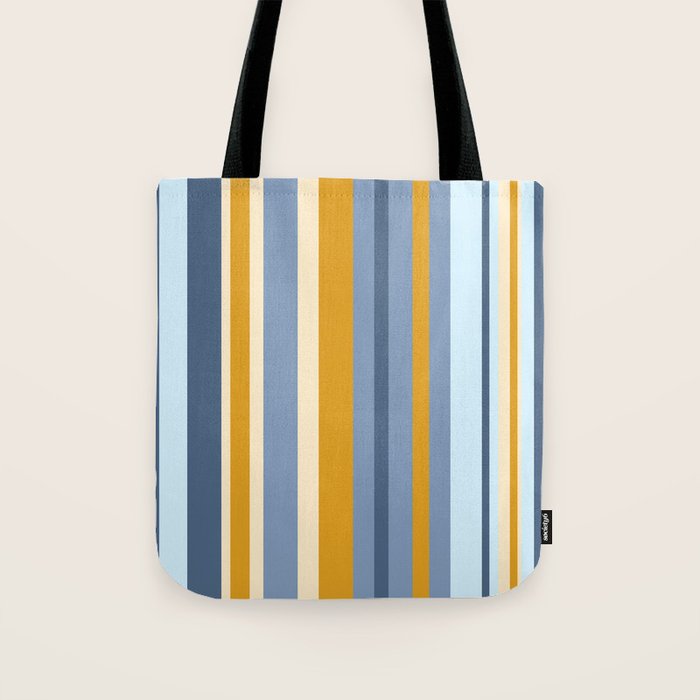 Vertical Stripes Variable Contemporary Retro Modern Pattern in Blue and Honey Mustard Tote Bag Gallery Image 1