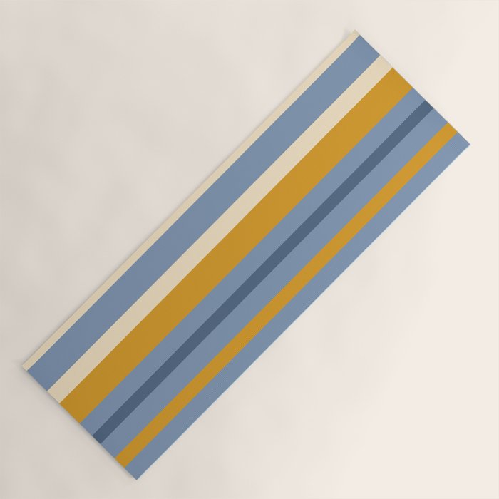 Vertical Stripes Variable Contemporary Retro Modern Pattern in Blue and Honey Mustard Yoga Mat Gallery Image 1