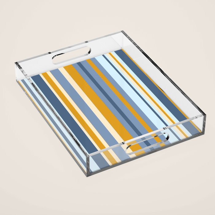 Vertical Stripes Variable Contemporary Retro Modern Pattern in Blue and Honey Mustard Acrylic Tray Gallery Image 1