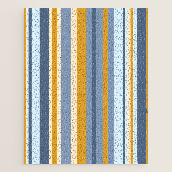 Vertical Stripes Variable Contemporary Retro Modern Pattern in Blue and Honey Mustard Jigsaw Puzzle Gallery Image 1