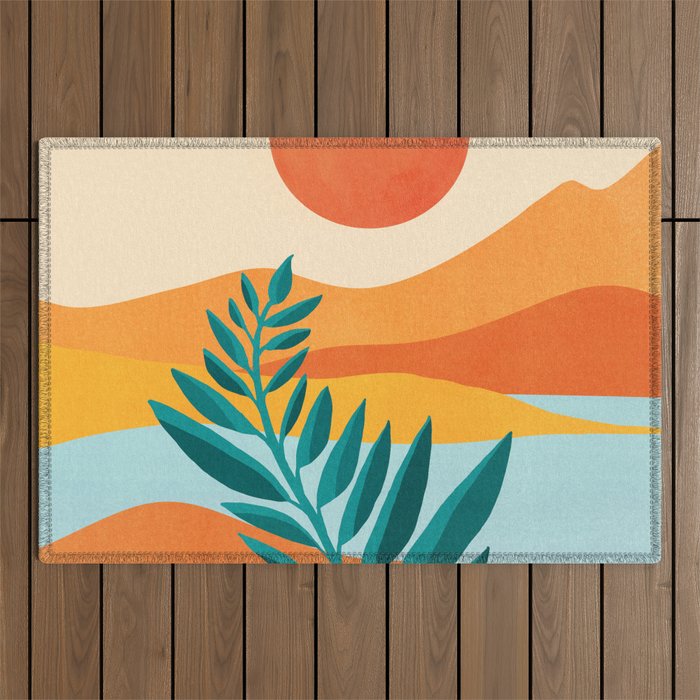 Mountain Sunset Colorful Landscape Illustration Outdoor Rug Gallery Image 1
