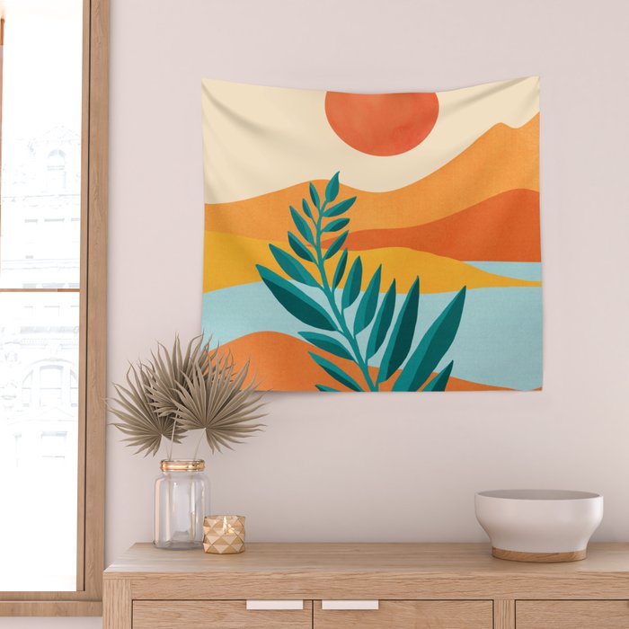 Mountain Sunset Colorful Landscape Illustration Wall Tapestry Gallery Image 2