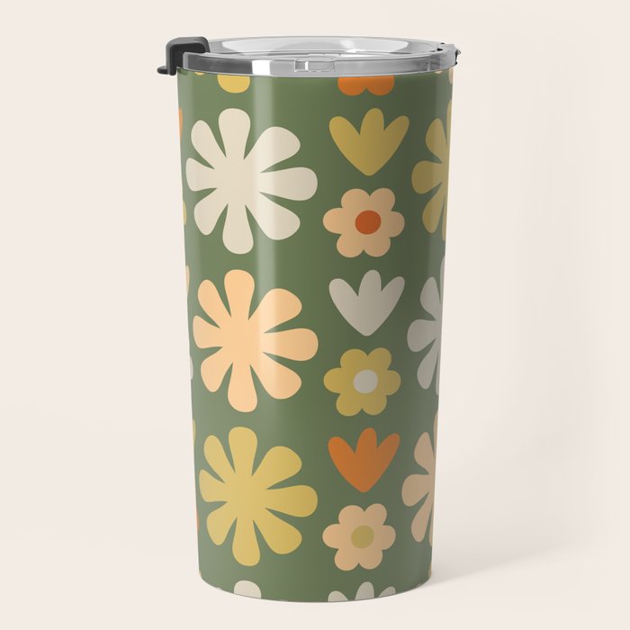 Scandi Floral Grid Retro Flower Pattern in Mossy Olive Green and Orange Travel Mug Gallery Image 3