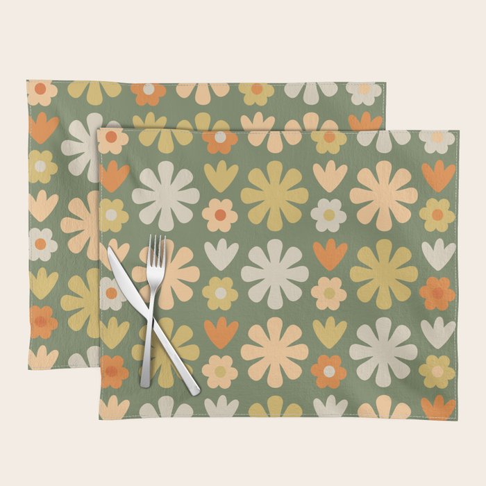 Scandi Floral Grid Retro Flower Pattern in Mossy Olive Green and Orange Placemat Gallery Image 1