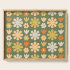 Scandi Floral Grid Retro Flower Pattern in Mossy Olive Green and Orange Serving Tray Gallery Image 1