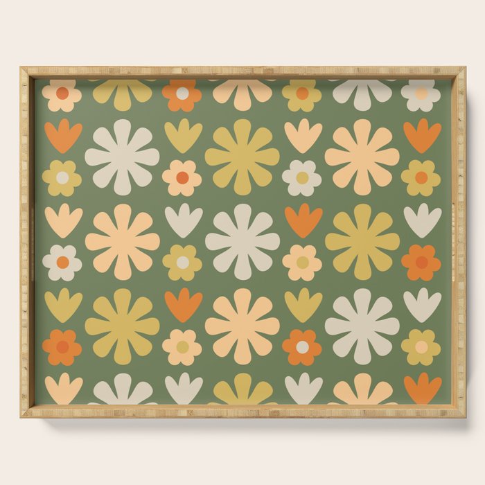 Scandi Floral Grid Retro Flower Pattern in Mossy Olive Green and Orange Serving Tray Gallery Image 1