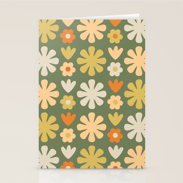 Scandi Floral Grid Retro Flower Pattern in Mossy Olive Green and Orange Stationery Card Gallery Image 1