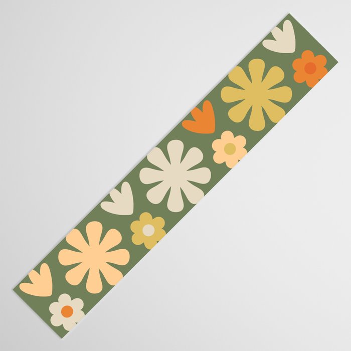 Scandi Floral Grid Retro Flower Pattern in Mossy Olive Green and Orange Table Runner Gallery Image 3