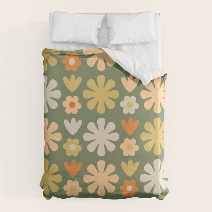 Scandi Floral Grid Retro Flower Pattern in Mossy Olive Green and Orange Duvet Cover Gallery Image 6