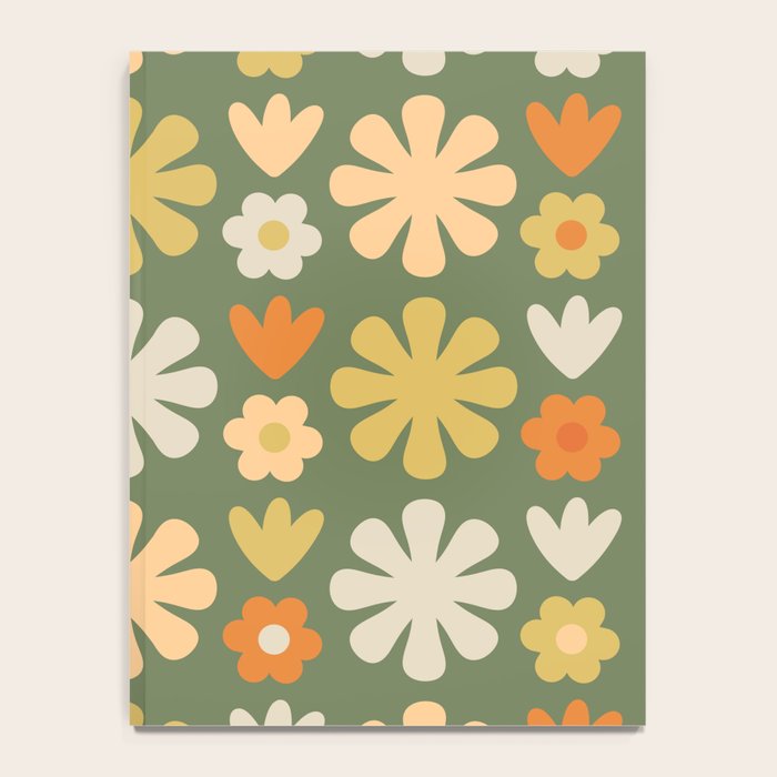 Scandi Floral Grid Retro Flower Pattern in Mossy Olive Green and Orange Notebook Gallery Image 4