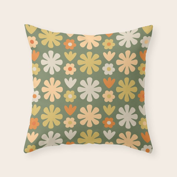 Scandi Floral Grid Retro Flower Pattern in Mossy Olive Green and Orange Throw Pillow Gallery Image 1