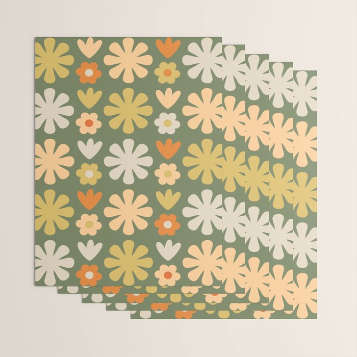 Scandi Floral Grid Retro Flower Pattern in Mossy Olive Green and Orange Wrapping Paper Gallery Image 3
