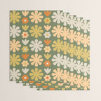 Scandi Floral Grid Retro Flower Pattern in Mossy Olive Green and Orange Wrapping Paper Gallery Image 3