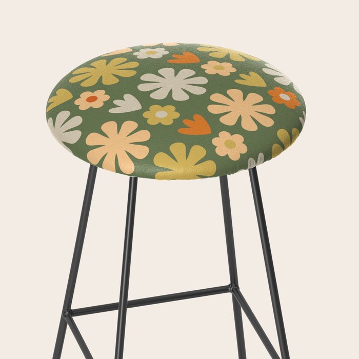 Scandi Floral Grid Retro Flower Pattern in Mossy Olive Green and Orange Stool Gallery Image 2