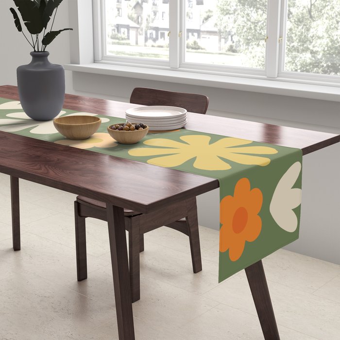 Scandi Floral Grid Retro Flower Pattern in Mossy Olive Green and Orange Table Runner Gallery Image 2