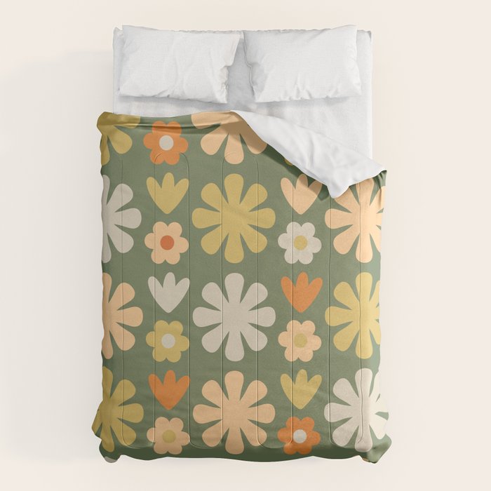 Scandi Floral Grid Retro Flower Pattern in Mossy Olive Green and Orange Comforter Gallery Image 6