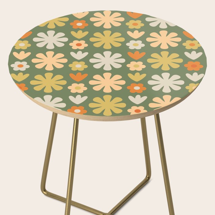 Scandi Floral Grid Retro Flower Pattern in Mossy Olive Green and Orange Side Table Gallery Image 2