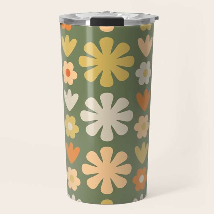 Scandi Floral Grid Retro Flower Pattern in Mossy Olive Green and Orange Travel Mug Gallery Image 1