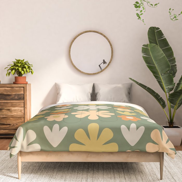 Scandi Floral Grid Retro Flower Pattern in Mossy Olive Green and Orange Comforter Gallery Image 3