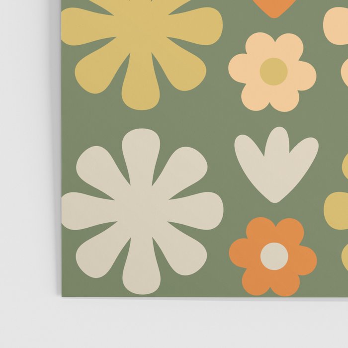 Scandi Floral Grid Retro Flower Pattern in Mossy Olive Green and Orange Poster Gallery Image 3
