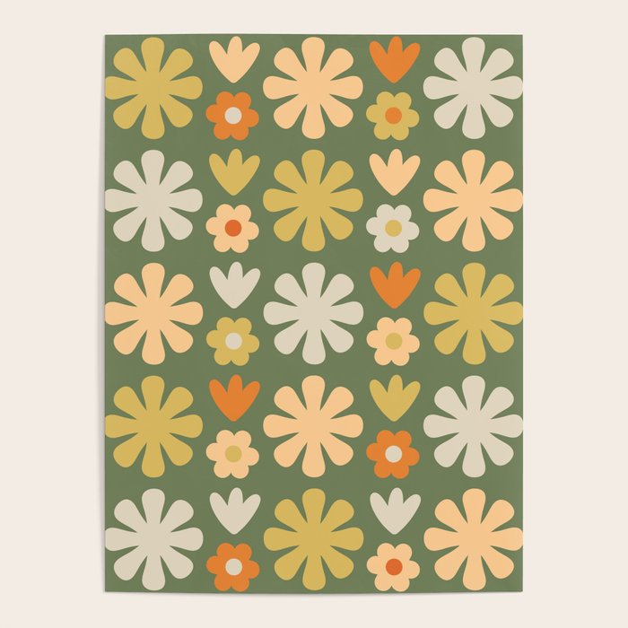 Scandi Floral Grid Retro Flower Pattern in Mossy Olive Green and Orange Poster Gallery Image 1