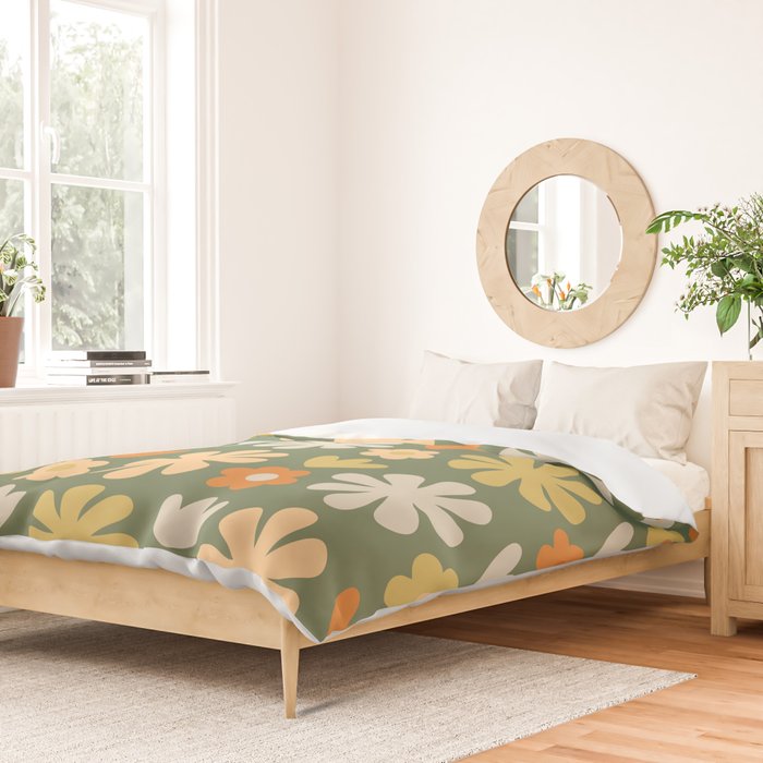 Scandi Floral Grid Retro Flower Pattern in Mossy Olive Green and Orange Duvet Cover Gallery Image 2