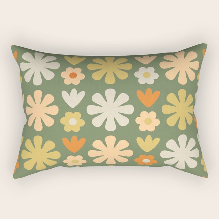 Scandi Floral Grid Retro Flower Pattern in Mossy Olive Green and Orange Rectangular Pillow Gallery Image 2