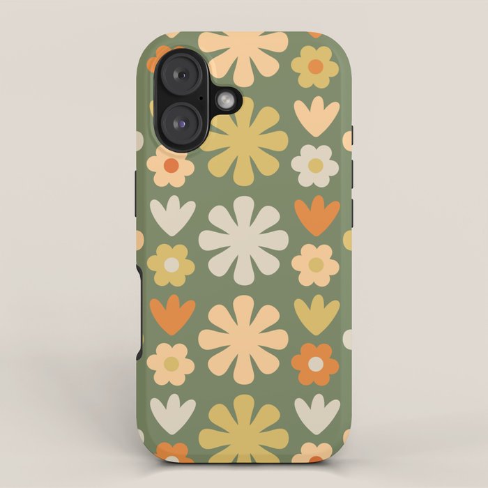 Scandi Floral Grid Retro Flower Pattern in Mossy Olive Green and Orange iPhone Case Gallery Image 1
