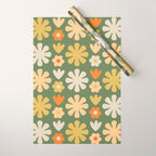 Scandi Floral Grid Retro Flower Pattern in Mossy Olive Green and Orange Wrapping Paper Gallery Image 1