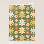 Scandi Floral Grid Retro Flower Pattern in Mossy Olive Green and Orange Stationery Card Gallery Image 2