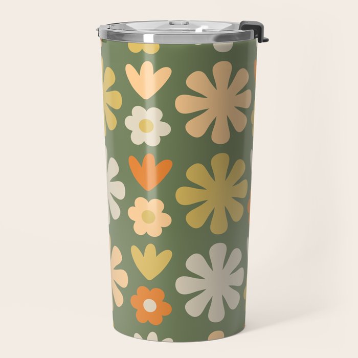 Scandi Floral Grid Retro Flower Pattern in Mossy Olive Green and Orange Travel Mug Gallery Image 2