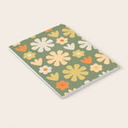 Scandi Floral Grid Retro Flower Pattern in Mossy Olive Green and Orange Notebook Gallery Image 3
