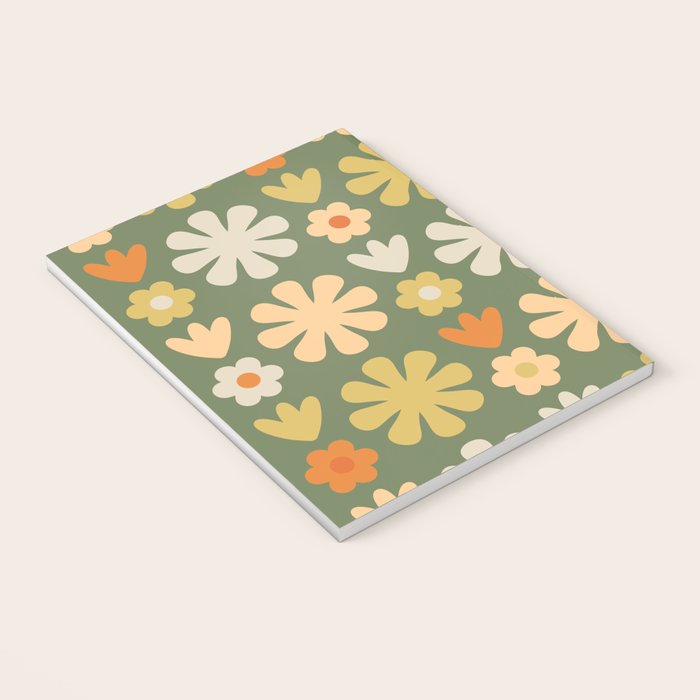 Scandi Floral Grid Retro Flower Pattern in Mossy Olive Green and Orange Notebook Gallery Image 3