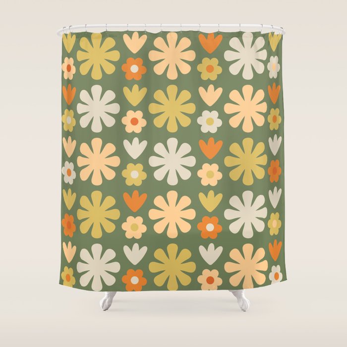 Scandi Floral Grid Retro Flower Pattern in Mossy Olive Green and Orange Shower Curtain Gallery Image 1